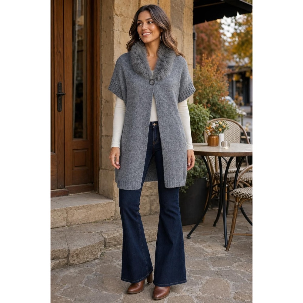 Sisters Cardigan Women's M Gray Wool Knit Faux Fur Short Sleeve Boho